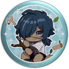 an anime character with blue hair holding a baseball bat and sitting on top of a button