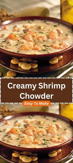 two bowls of creamy shrimp chowder with crackers