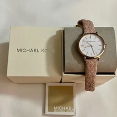 Michael Kors Addyson Three Hand Pink Pvc Women's Watch Mk2947 New With Tag In Box. Offers Welcome! See Our Photos For Details. The Michael Kors' 40mm Addyson Watch Features A White Sunray Dial With Rose Gold-Tone Stick Indexes, Rose Gold-Tone Case, Three-Hand Movement And Ballet Pink Logo-Printed Pvc Leather Strap. Case & Dial: Round 40mm Alloy Metal Case With A White Dial; Mineral Crystal Face Resists Scratches Watch Band: Pink Pvc Faux Leather Band With Adjustable Buckle Closure; 18mm Band Wid Watches For Women Michael Kors, Pink Pvc, Three Hands, Ballet Pink, Michael Kors Accessories, Pink Logo, Women's Watch, White Dial, Minerals Crystals