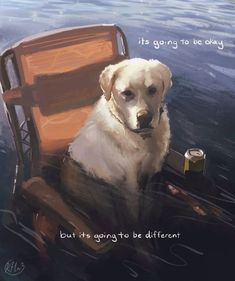 a painting of a dog sitting on top of a wooden chair in the middle of water