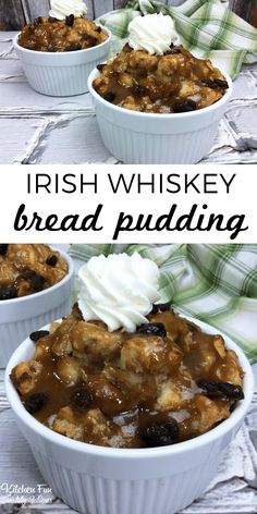 irish whiskey bread pudding with whipped cream on top