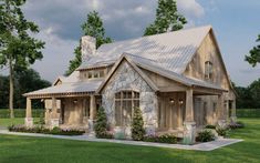 this is an artist's rendering of a rustic cabin style home with stone and wood accents