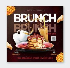 a flyer for brunch brunch with waffles and coffee