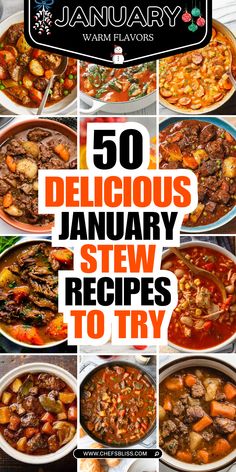 the cover of january's cookbook, 50 delicious january stew recipes to try