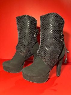 Add a little sparkle to any outfit with these black sequin boot covers! They feature a faux diamond strip down the center front, and lace up the back. They can be used over most boot styles. Sparkle Fabric, Leopard Print Boots, Boot Covers, Womens Booties, Sequin Boots, Star Boots, Booties Ankle Boots, Boot Straps, Boot Print