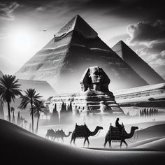 black and white photograph of egyptian pyramids with camels