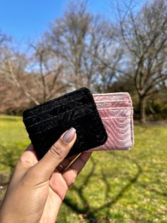 Vevlet Cardholder Wallet Slim cardholder wallet crafted to keep your essential cards and cash organized. Soft and fuzzy with a textured wave design - perfect for stashing in any size pocket or bag. Includes three slots at the back with an easy-access middle opening. Holds up to four credit cards.  Free Shipping On All Orders Within The United States! COLORS Pink  Black  DETAILS Care Directions: Spot Clean  Dimensions: 4" length × 3.25" height  Ships from Brooklyn, New York Produced By: Petal and Designer Luxury Evening Card Holder, Luxury Designer Card Holder For Evening, Cash Organizer, Cardholder Wallet, Wallet Craft, Scrap Material, Clip Wallet, Love Craft, Wave Design