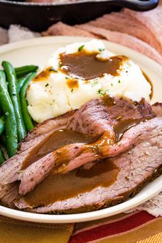 meat, mashed potatoes and green beans on a white plate with gravy