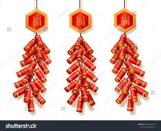 chinese new year's decorations hanging on strings with red paper lanterns and gold coins