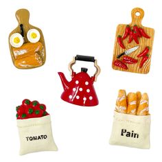 there are four different items in the shape of tea kettles and bags with hot dogs on them