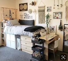 a bedroom with a bed, desk and shelves on the wall next to each other