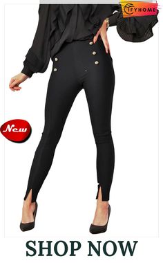 Black Buttons Skinny Pants with Slits Black Split Bottoms For Night Out, Chic Black Split Bottoms, Trendy Split Bottoms For Party, Trendy Party Bottoms With Split Design, Trendy Party Bottoms With Split, Chic Black Pants With Side Slits, Trendy Black Split Bottoms, Stretch Bottoms With Split Hem Design, Trendy Bottoms With Side Slits For Night Out