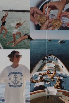 the collage shows photos of people in swimsuits and holding drinks on a boat