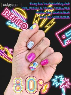 80s Aesthetic Nails, Retro 80s Nail Designs, 80s Themed Nails, 80s Nail Polish, 80s Nails 1980s