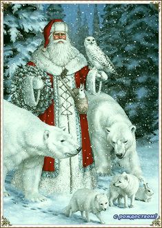 a painting of santa claus surrounded by polar bears in the snow with an owl on his shoulder