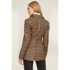 Brown plaid gabardine (48% Polyester, 26% Virgin Wool, 26% Acrylic). Blazer. Long sleeves. Collar. Front button closure. 36" from shoulder to hemline. Imported. Preppy Button-up Fall Outerwear, Fall Preppy Button-up Outerwear, Trendy Fitted Blazer With Houndstooth Pattern, Trendy Fitted Houndstooth Blazer, Trendy Houndstooth Pattern Blazer, Fitted Plaid Outerwear For Fall, Tailored Plaid Outerwear With Double Button Closure, Fitted Plaid Outerwear For Business Casual, Tommy Hilfiger Blazer For Fall Workwear