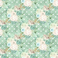 a green and white floral wallpaper with birds