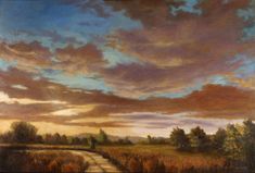 an oil painting of a sunset over a field with trees and clouds in the background