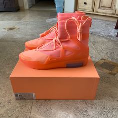 Brand New Nike Air Fear Of God 1 Orange Pulse Modern High-top Sneakers With Air Cushioning, Designer Nike High-top Sneakers, Nike Fear Of God, Fear Of God Nike, Black And Orange Nike Shoes, Nike Orange Outdoor Sneakers, Fear Of God Shoes, Nike Air Fear Of God, Orange Fade-resistant Sneakers For Streetwear