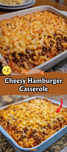 cheesy hamburger casserole with cheese and ground beef in a baking dish