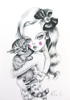 a drawing of a girl holding a kitten and wearing a pink dot on her cheek