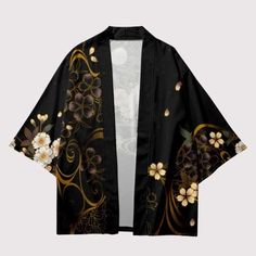 Floral Fantasy: Step Out in a Storybook with Our Black Crane Kimono Jacket Drape yourself in the enchanting elegance of the Black Floral Kimono Jacket, a garment that seamlessly blends ancient tradition with contemporary fashion flair. Crafted for the discerning fashionista, this kimono jacket features a luxurious black backdrop adorned with a stunning array of golden and ivory floral patterns, intertwined with delicate pink blossoms and majestic cranes in flight. The artwork on this jacket is n Crane Kimono, Modern Kimono Dress, Japanese Pants, Black Floral Kimono, Japanese Uniform, Sukajan Jacket, Japanese Socks, Modern Kimono, Tabi Socks