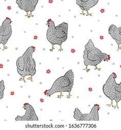 seamless pattern with chickens and flowers on the white background, hand drawn illustration for fabric or wallpaper