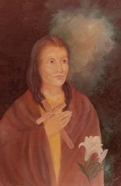 a painting of a woman holding a cross