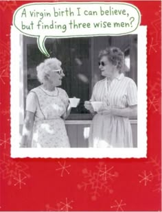 two women talking to each other on a christmas card