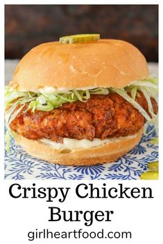 crispy chicken burger on a bun with lettuce