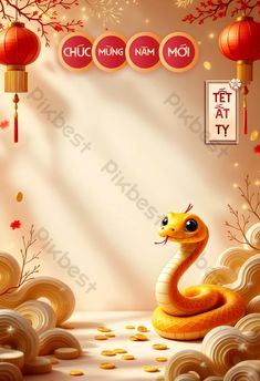 an illustration of a snake in front of chinese lanterns