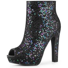 These glitter boots have a peep toe, a chunky heel, and a zipper closure. The shining glitter upper part gives these boots a fashion feel, and the heels are perfect for a night out on the town. The open design provides breezy comfort for your feet. With the moderate heel height, the heels make you feel more comfortable. Team them with your favorite dress and colorful accessories for a glamorous party look this season. Great for your mother, girlfriend, sister, or friend as a gift. Party Heeled Boots With Zipper Closure, High Heel Platform Boots With Zipper For Party, Party High Heel Platform Boots With Zipper Closure, Party Platform Boots With Zipper Closure And High Heel, Platform Open Toe Boots For Party, Glitter Ankle Boots For Night Out, Party Ankle Boot Heels With Zipper Closure, Glamorous Open Toe Heels For Winter, Party Open Toe Boots With Zipper Closure