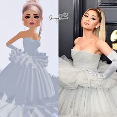 a woman in a white dress next to an image of a barbie doll