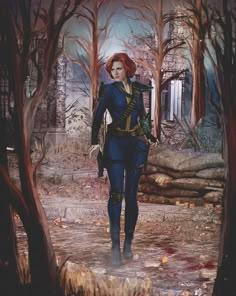 a painting of a woman in uniform walking through the woods