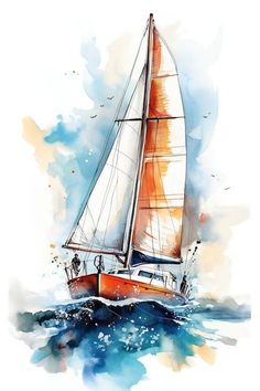 a watercolor painting of a sailboat in the ocean with blue and orange colors