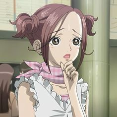 an anime character is posing for the camera with her hand on her chin and looking off to the side