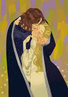 a painting of two women hugging each other with stars in the sky behind them,