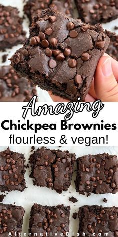 chocolate brownies are stacked on top of each other and the words amazing chickpea brownies flourless & vegan