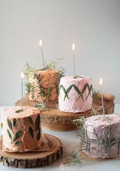 three cakes with candles on top of them sitting on wooden slices in front of each other