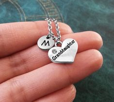 Granddaughter Necklace SMALL Grand Daughter Necklace Granddaughter Charm Necklace Heart Necklace Gra Granddaughter Jewelry, Granddaughter Necklace, Grandchildren Gifts, Daughter Necklace, Heart Keychain, Small Charms, Monogram Gifts, Charm Gift, Tiffany Heart