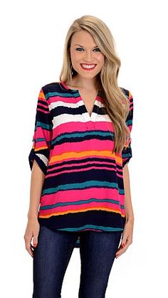 ShopBlueDoor.com: Brighten up your work days with this happy blouse! $38 Chic Multicolor Split Neck Blouse, Chic Multicolor Top With Split Neck, Chic Multicolor Split Neck Tops, Multicolor Horizontal Stripe Summer Tops, Summer Striped Tops With Rainbow Print, Summer Rainbow Print Striped Tops, Casual Striped T-shirt With Rainbow Print, Striped Color Block V-neck Tops, Stripe Top