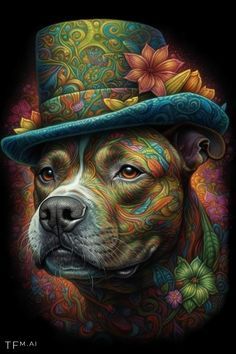 a dog wearing a top hat with flowers on it's head and the image is painted in bright colors