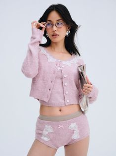 For Love & Lemons Essentials: A subtle and sexy take on 9-5 essentials, the Arinah pink cardigan is crafted in ultra-cozy soft mohair. Featuring decorative scalloped lace trims along the top neckline and classic rib finishes at the hem and sleeve openings—this cropped cardi can be styled over fall dresses or with the matching Arinah Boyshort for a co-ord shorts set. Pink Cardigan Outfit, Knit Cardigan Outfit, Unique Cardigan, Soft Knit Cardigan, Vintage Knitwear, House Clothes, 90s Outfit, Mohair Cardigan, Pink Knit