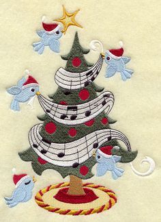 a christmas tree with musical notes and birds on it's branches, surrounded by stars