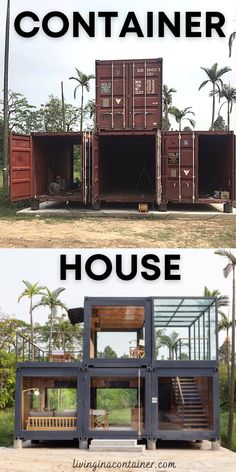 two pictures with the words container house in front of them and below it, there is a