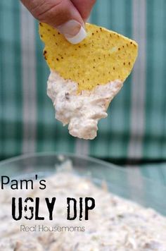 a hand holding a tortilla chip over a bowl of dip with the words pam's ugliy dip on it