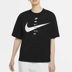 Women's Nike Logo Printing Loose Round Neck Short Sleeve Black T-Shirt DJ1128-010 Jordan Tshirt Nike, Mr Dna, Brand Merch, Jordan Logo Wallpaper, Nike Sportswear Women, White Top Women, Jordan Logo, Nike Swim, Logo Wallpaper