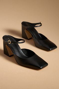 Leather upper, insole, sole Slip-on styling Imported | Square-Toe Mule Heels by Anthropologie in Black, Women's, Size: 7, Leather Womens Going Out Shoes, Minimal Wedding Shoes, Elegant Comfortable Shoes, Heels For Wide Foot, Stylish Work Shoes, Mules And Socks, Summer Block Heels, Wedding Guest Shoe, Fall Shoes 2024 Women