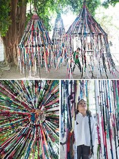 several pictures of different types of art made out of sticks and plastic wrappers