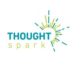 the thought spark logo is shown in blue, green and yellow with sunbursts